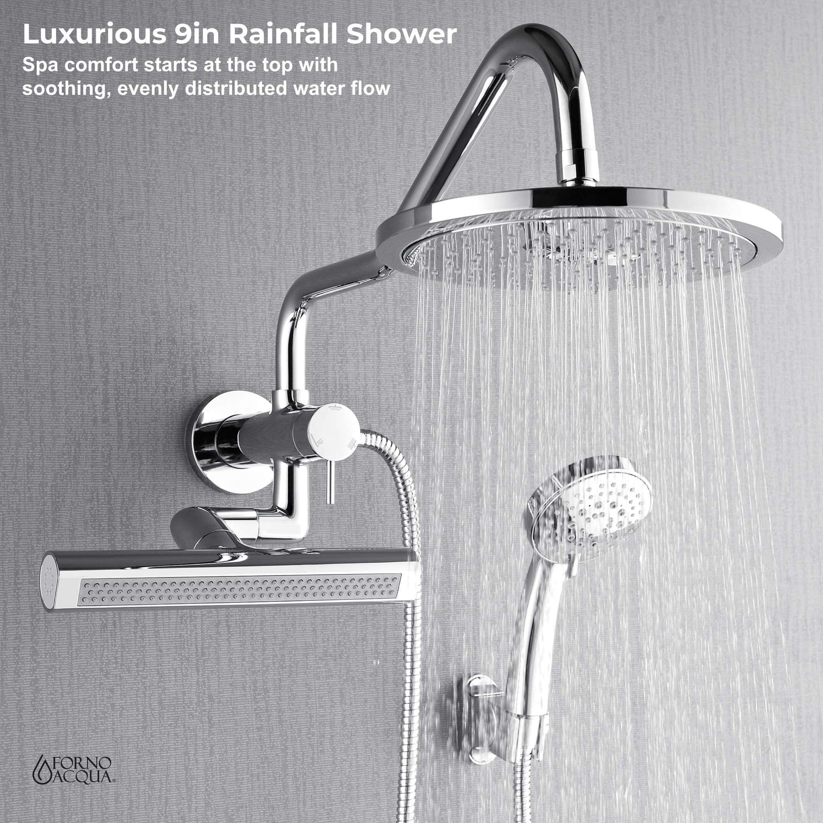 Forno Acqua AcquaFALL Mini Shower Head, Polished Stainless Steel Finish, Overhead Rainfall Shower, 7 Way Diverter, Handheld Shower Head, Body Jets, 1.8 GPM Flow Rate - SMW1CP-C8