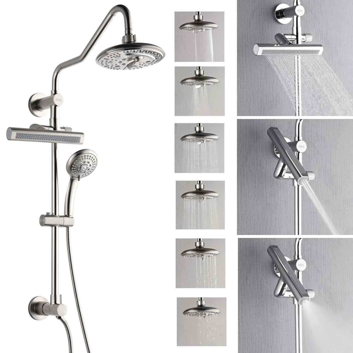 Forno Acqua AcquaFALL Shower, Brushed Nickel Finish, Overhead Rainfall Shower, 7 Way Diverter, Handheld Shower Head, Body Jets, 1.8 GPM Flow Rate - SCW2BN-C8
