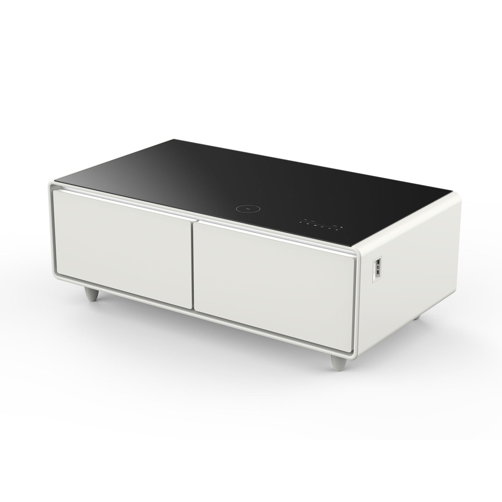 Forno Evoluto Tavolo 51-Inch White Smart Coffee Table – Dual Refrigerator Drawers, Bluetooth 5.0 Audio, Wireless Charging & RGB Ambient Light - FCTFR7006-51WHT