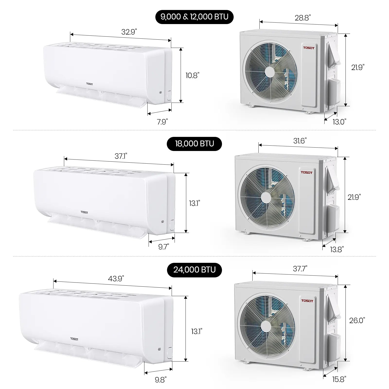 TOSOT 12,000 BTU 19 SEER2 Mini-Split Heat Pump Air Conditioner Dimensions
