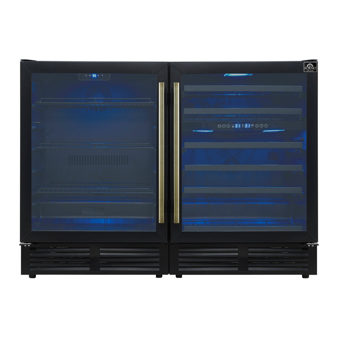 Forno Gemello 48 Inch Side-by-Side Wine and Beverage Cooler in Black with Antique Brass Handles, French Door, 9.6 cu. ft. - FWCDR6699-48BLK