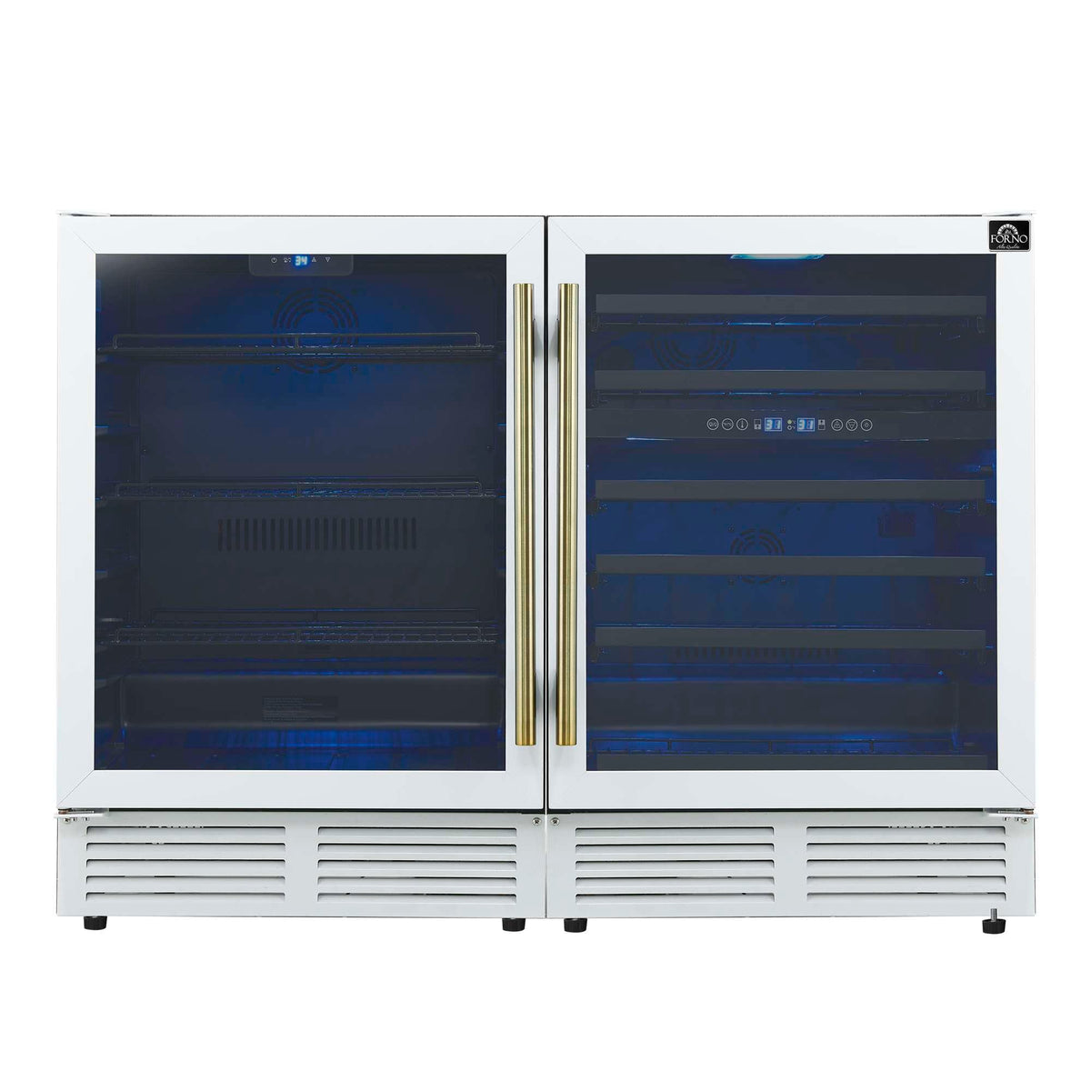 Forno Gemello 48 Inch Side-by-Side Wine and Beverage Cooler in White with Antique Brass Handles, French Door, 9.6 cu. ft. - FWCDR6699-48WHT