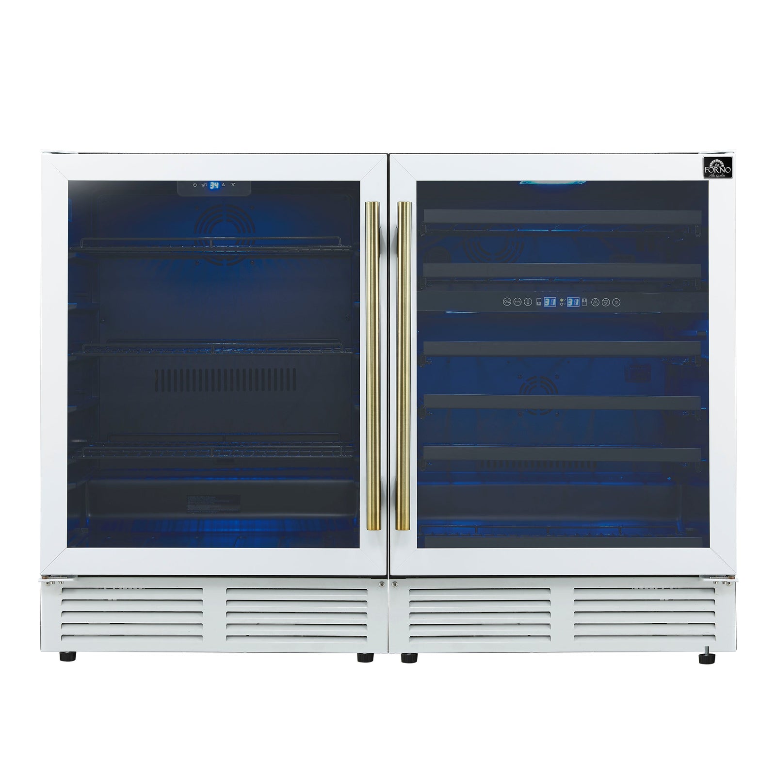 Forno Gemello 48 Inch Side-by-Side Wine and Beverage Cooler in White with Antique Brass Handles, French Door, 9.6 cu. ft. - FWCDR6699-48WHT