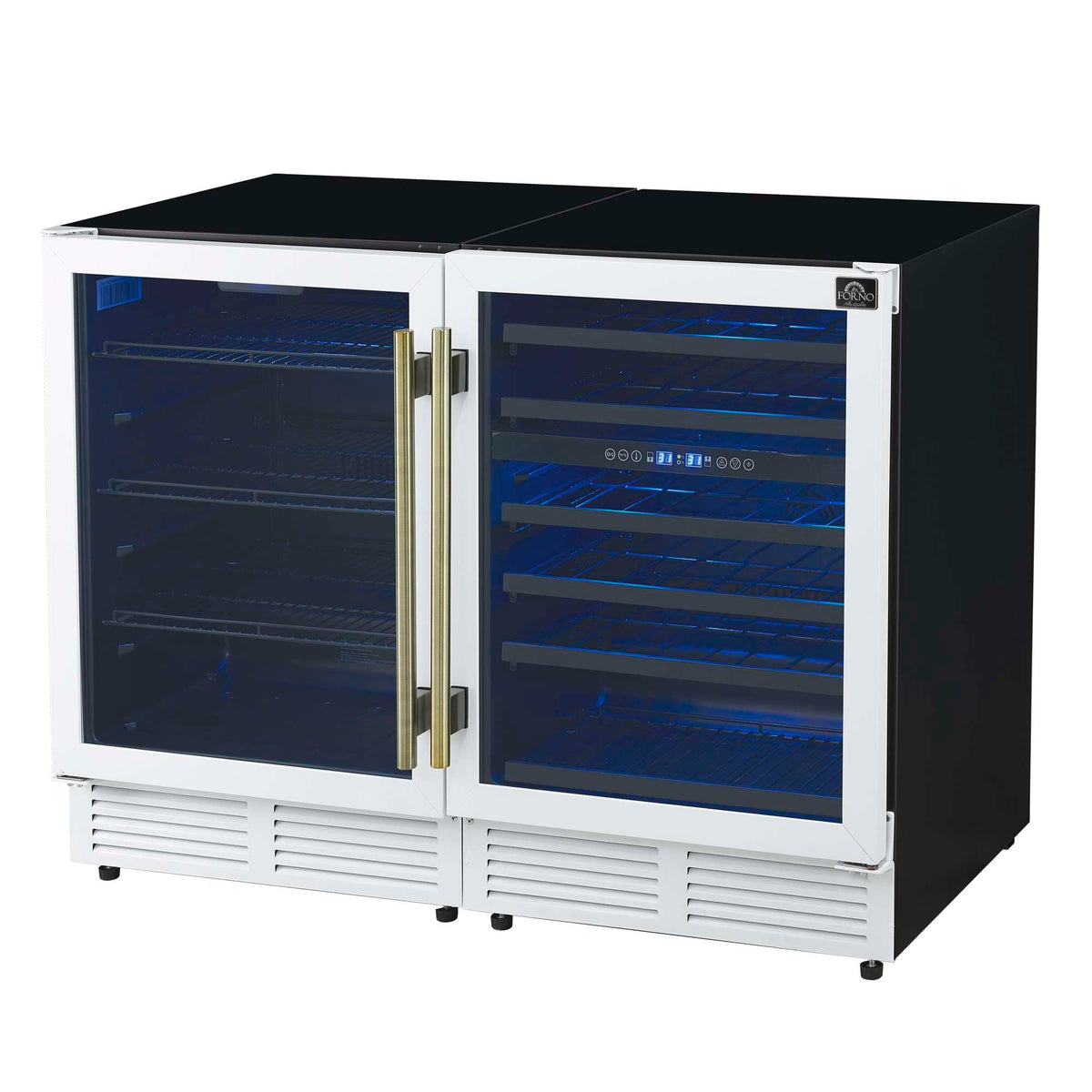 Forno Gemello 48 Inch Side-by-Side Wine and Beverage Cooler in White with Antique Brass Handles, French Door, 9.6 cu. ft. - FWCDR6699-48WHT