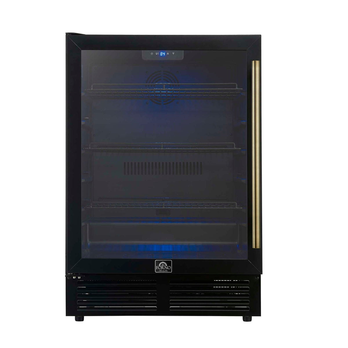 Forno Frescolino 24 Inch Beverage Cooler, Black with Antique Brass Handles, with LED Lighting, Triple Glass Door, 188 Can Capacity, Built-In or Freestanding - FWCDR6665-24BLK