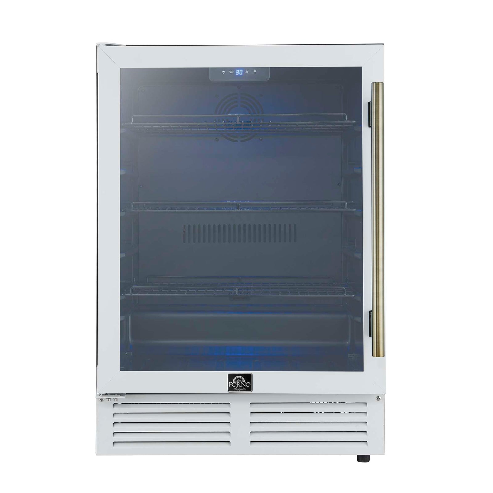 Forno Frescolino 24 Inch Beverage Cooler, White with Antique Brass Handles, with LED Lighting, Triple Glass Door, 188 Can Capacity, Built-In or Freestanding - FWCDR6665-24WHT
