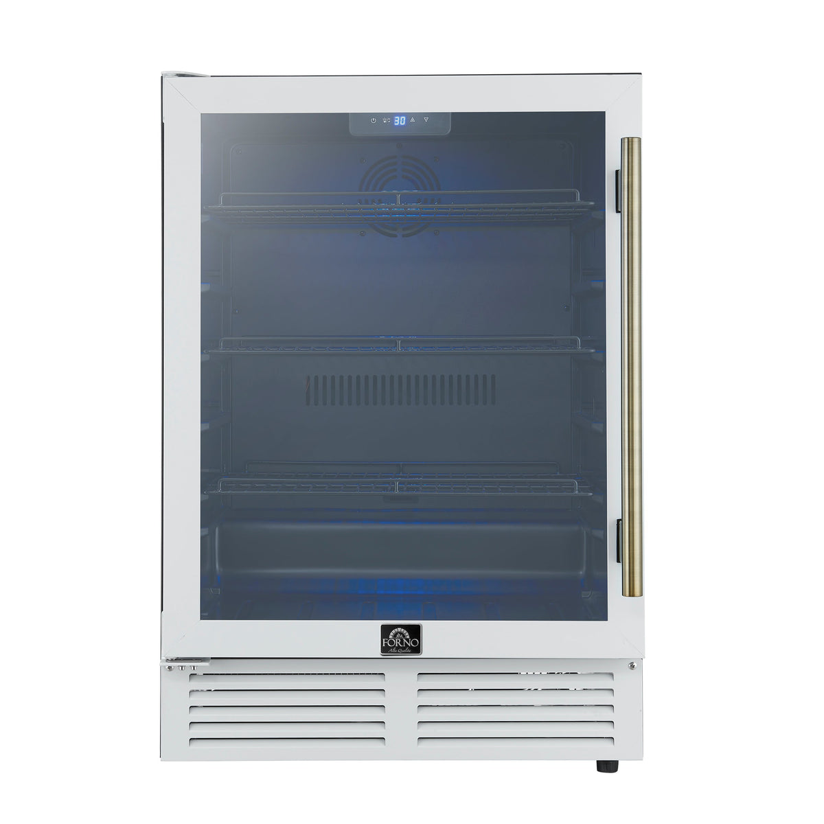 Forno Frescolino 24 Inch Beverage Cooler, White with Antique Brass Handles, with LED Lighting, Triple Glass Door, 188 Can Capacity, Built-In or Freestanding - FWCDR6665-24WHT