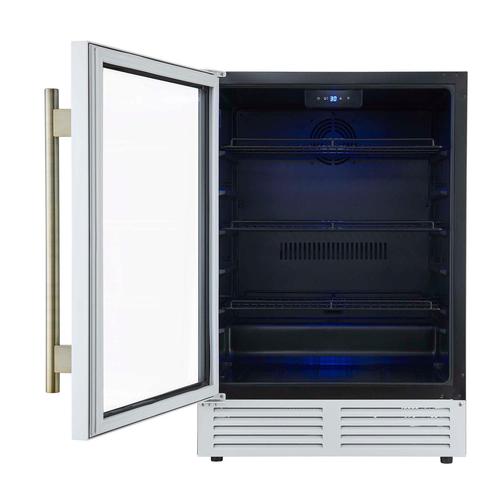 Forno Frescolino 24 Inch Beverage Cooler, White with Antique Brass Handles, with LED Lighting, Triple Glass Door, 188 Can Capacity, Built-In or Freestanding - FWCDR6665-24WHT