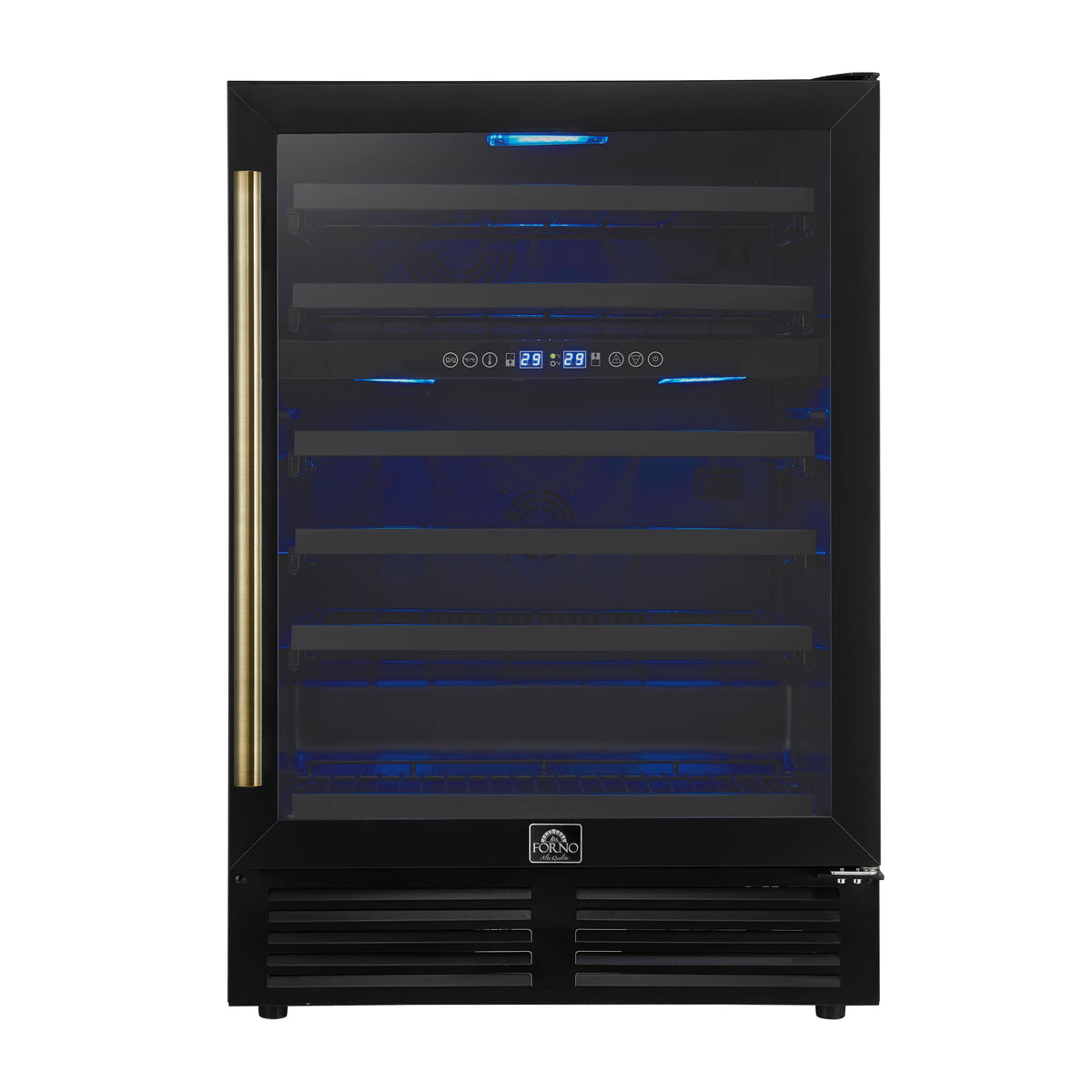 Forno Bacchino 24 Inch Wine Cooler, Black with Antique Brass Handles, with LED Lighting, Triple Glass Door, 51 Bottle Capacity, Built-In or Freestanding - FWCDR6634-24BLK