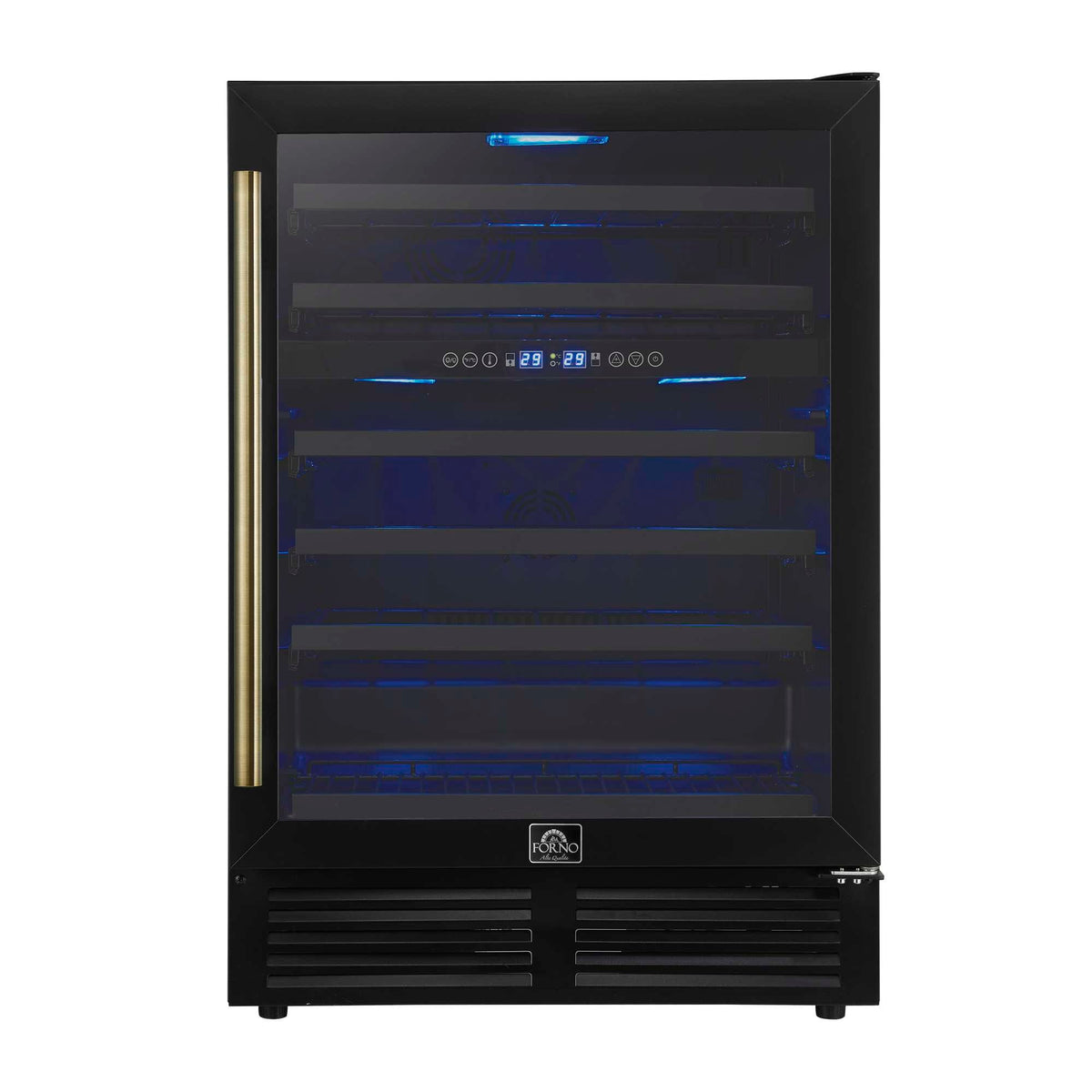 Forno Bacchino 24 Inch Wine Cooler, Black with Antique Brass Handles, with LED Lighting, Triple Glass Door, 51 Bottle Capacity, Built-In or Freestanding - FWCDR6634-24BLK