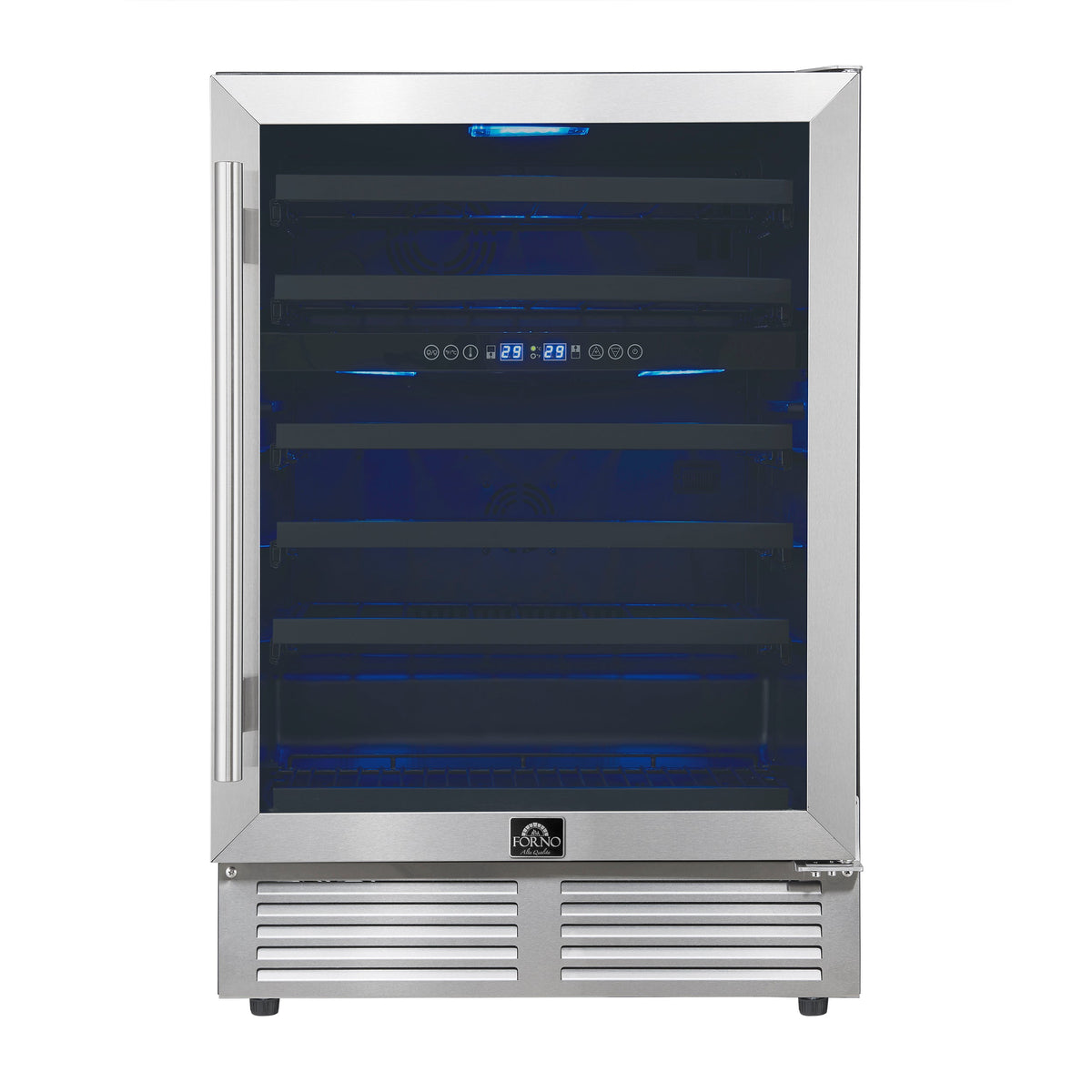 Forno Bacchino 24 Inch Wine Cooler, Stainless Steel, with LED Lighting, Triple Glass Door, 51 Bottle Capacity, Built-In or Freestanding - FWCDR6634-24S
