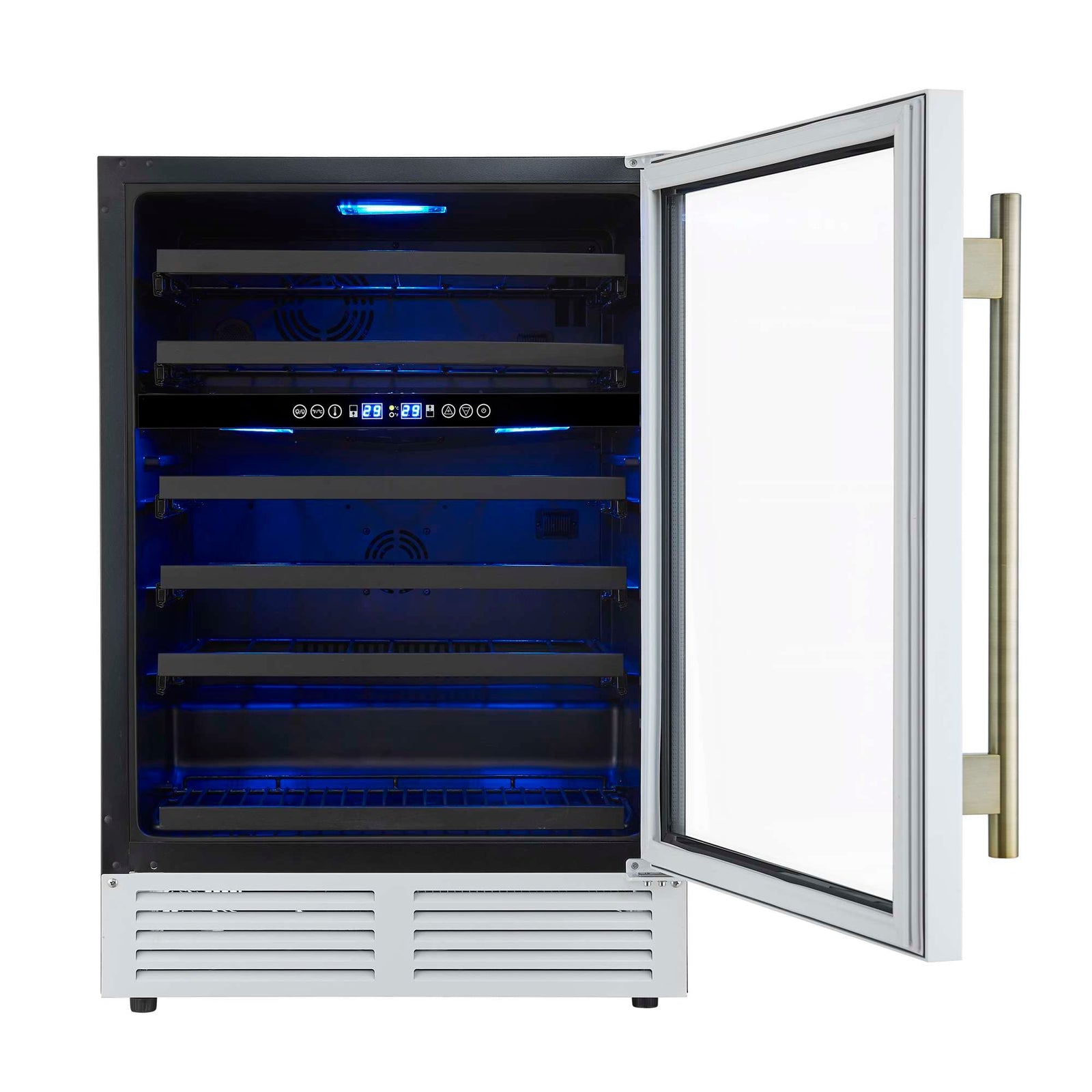 Forno Bacchino 24 Inch Wine Cooler, White with Antique Brass Handles, with LED Lighting, Triple Glass Door, 51 Bottle Capacity, Built-In or Freestanding - FWCDR6634-24WHT