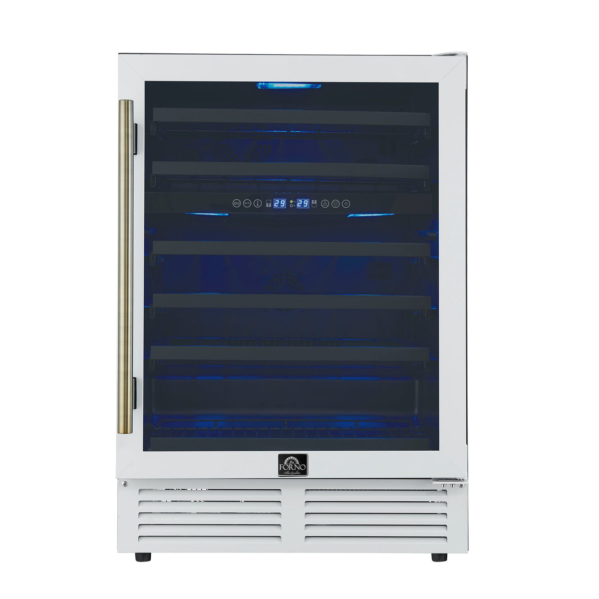 Forno Bacchino 24 Inch Wine Cooler, White with Antique Brass Handles, with LED Lighting, Triple Glass Door, 51 Bottle Capacity, Built-In or Freestanding - FWCDR6634-24WHT