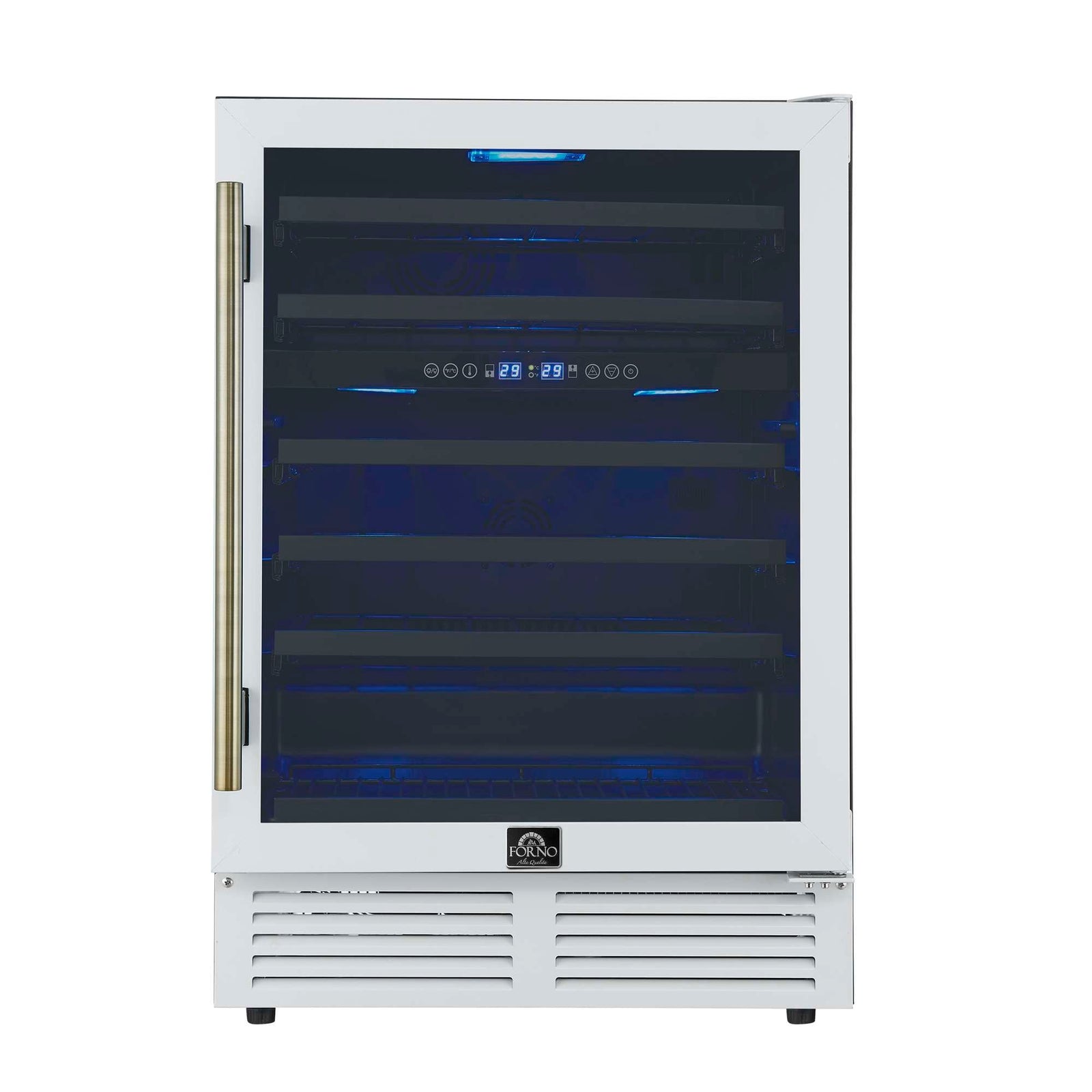 Forno Bacchino 24 Inch Wine Cooler, White with Antique Brass Handles, with LED Lighting, Triple Glass Door, 51 Bottle Capacity, Built-In or Freestanding - FWCDR6634-24WHT