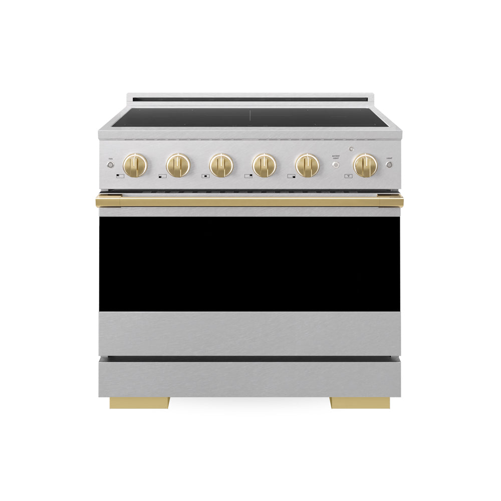 ZLINE Autograph Edition Marino 36-inch range in satin stainless steel and polished gold accents MINRSZ-36-G