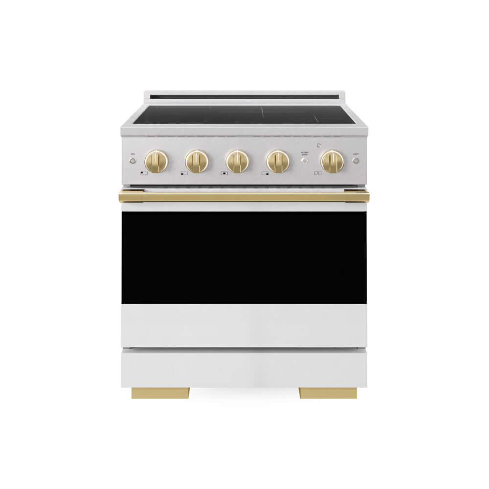 ZLINE Autograph Edition Marino 30-inch range in satin stainless steel with white matte door and polished gold accents MINRSZ-WM-30-G