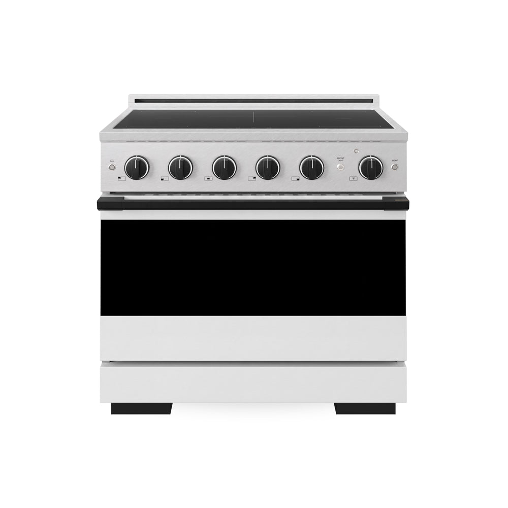 ZLINE Autograph Edition Marino 36-inch range in satin stainless steel with white matte door and matte black accents MINRSZ-WM-36-MB