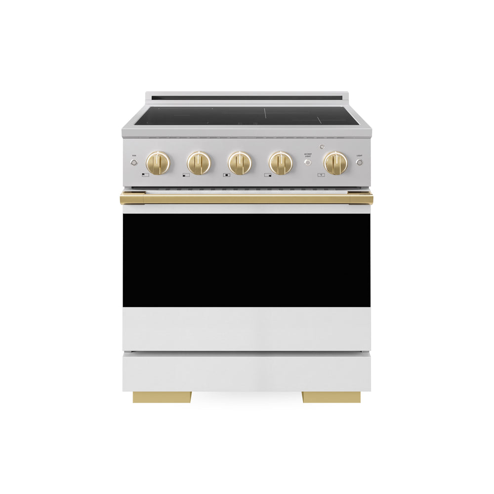 ZLINE Autograph Edition Marino 30-inch range in stainless steel with white matte door and polished gold accents MINRZ-WM-30-G