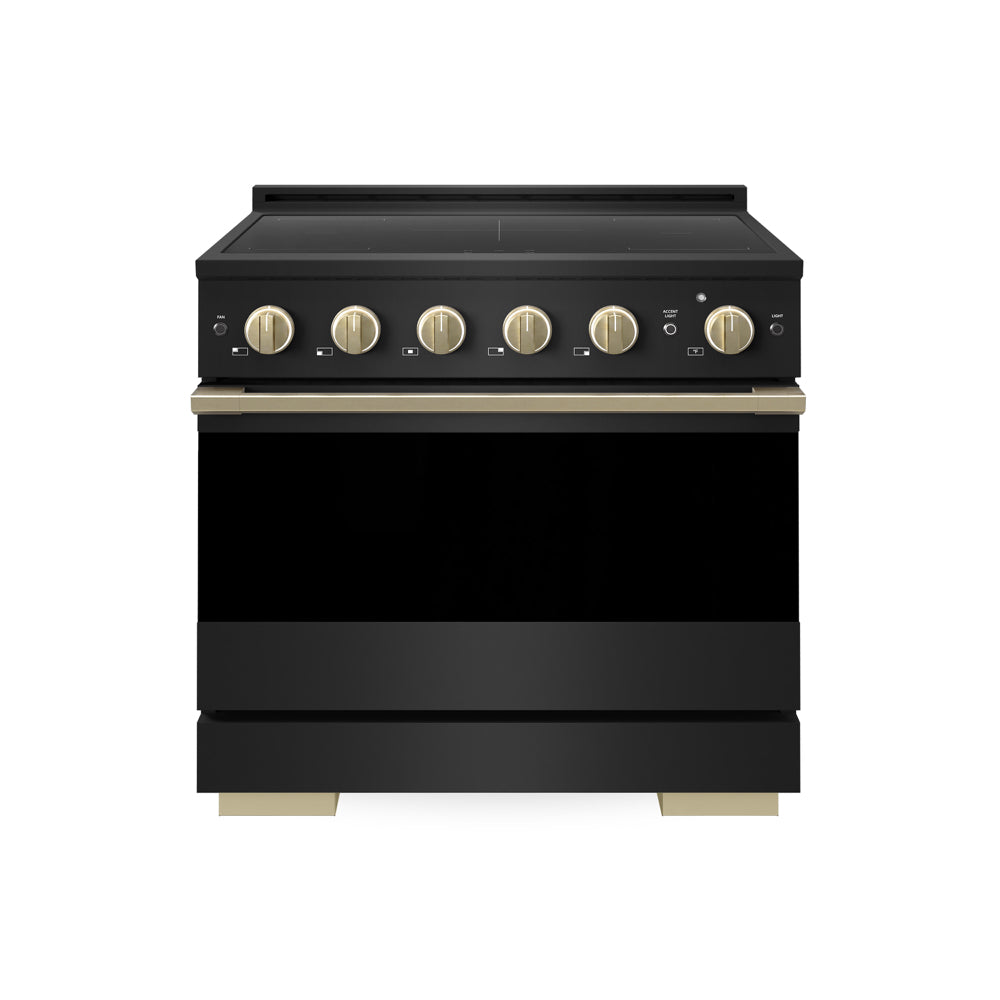 ZLINE Autograph Edition Marino 36-inch range in black stainless steel with black matte door and champagne bronze accents MINRBZ-36-CB