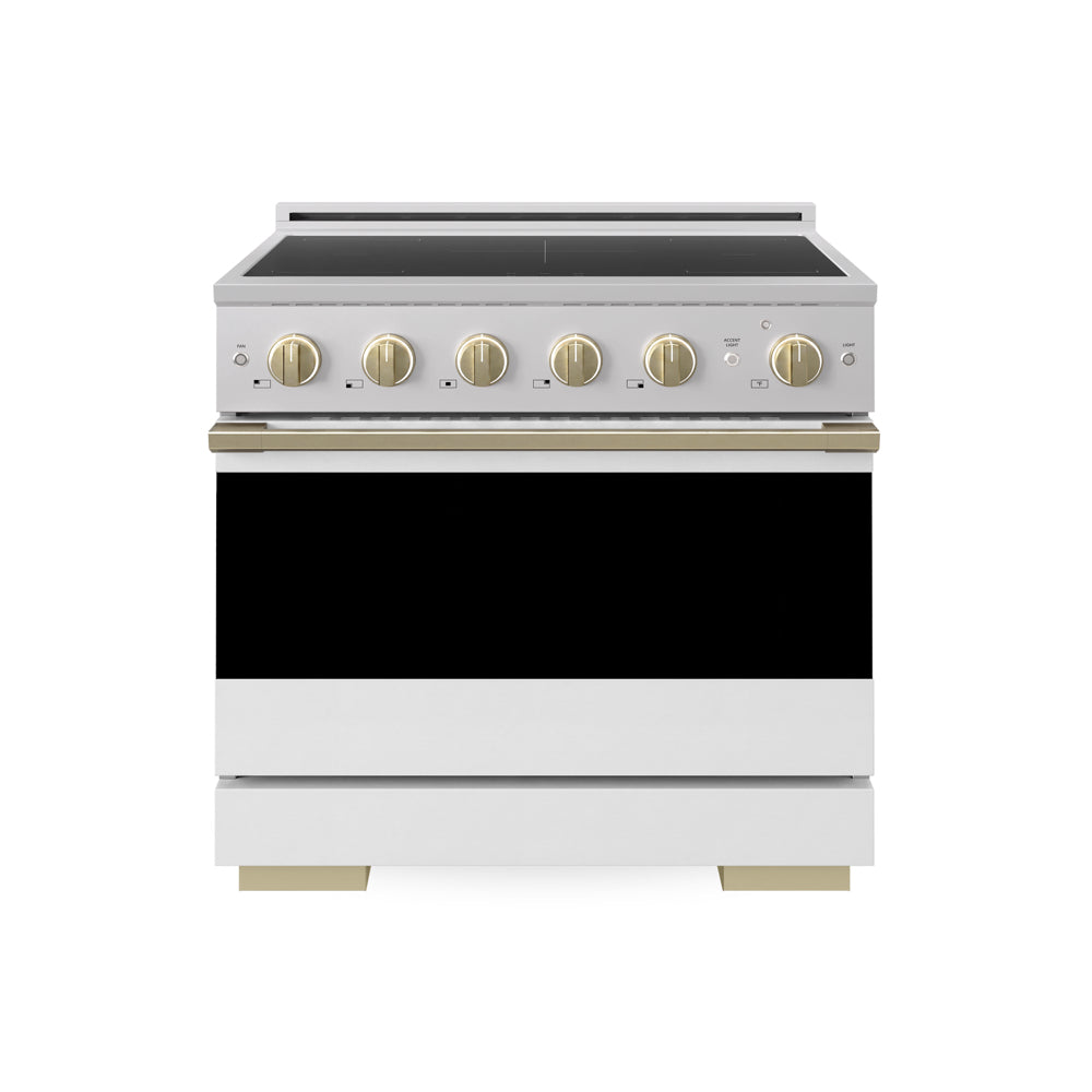 ZLINE Autograph Edition Marino 36-inch range in stainless steel with white matte door and champagne bronze accents MINRZ-WM-36-CB