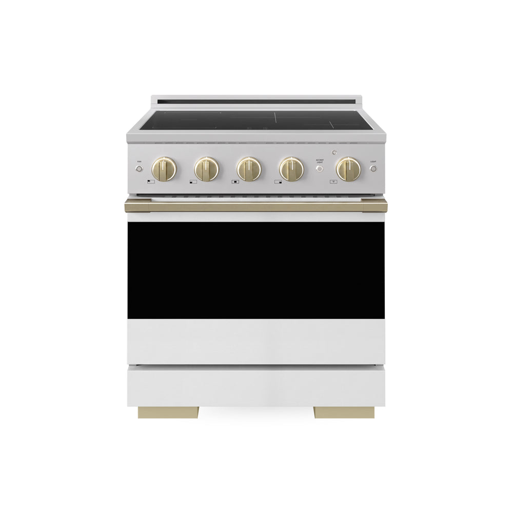 ZLINE Autograph Edition Marino 30-inch range in stainless steel with white matte door and champagne bronze accents MINRZ-WM-30-CB