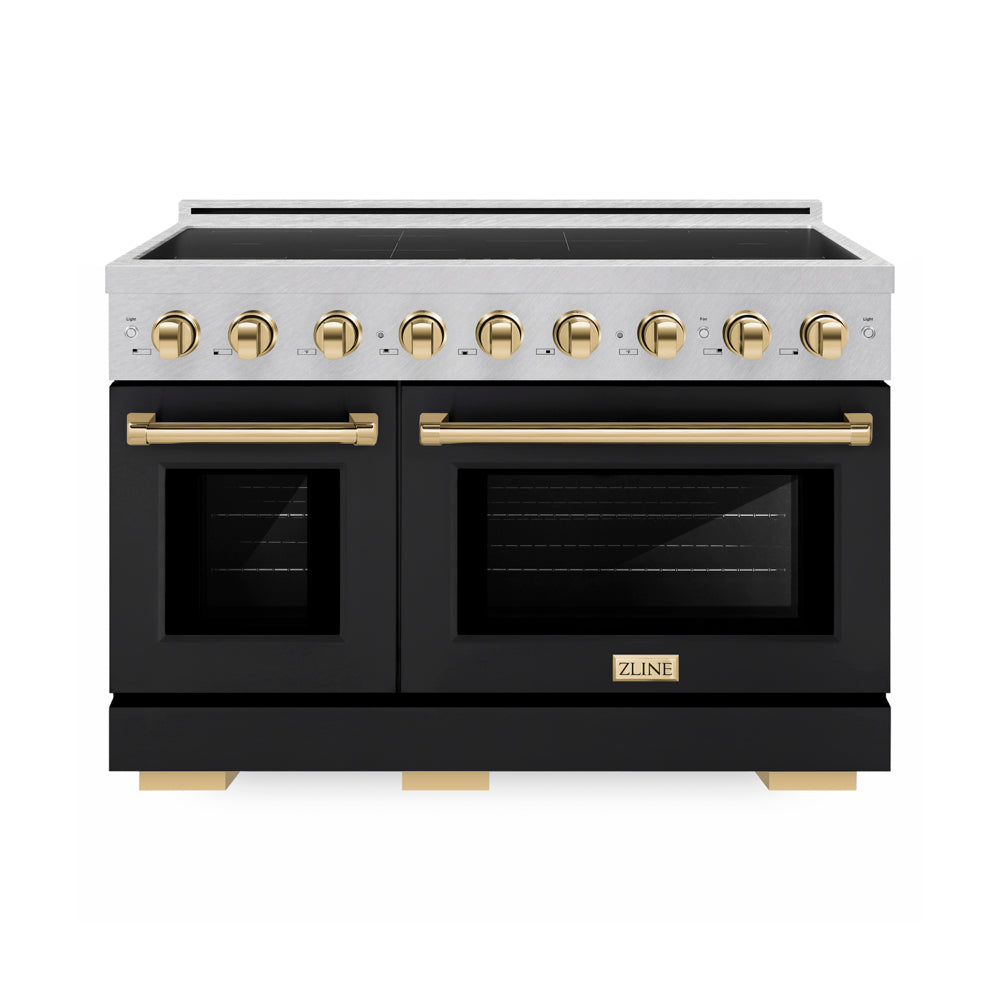 ZLINE Autograph Edition Paramount 48-inch range in satin stainless steel with black matte door and polished gold accents SINRSZ-BLM48-G