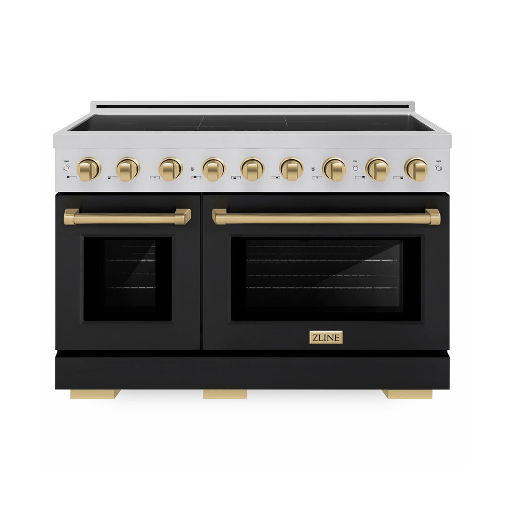 ZLINE Autograph Edition Paramount 48-inch range in stainless steel with black matte door and champagne bronze accents SINRZ-BLM-48-CB