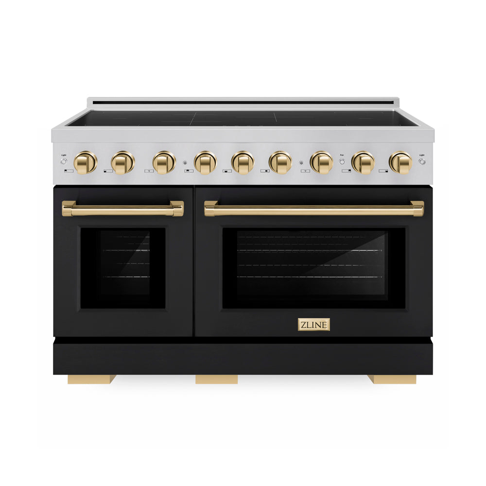 ZLINE Autograph Edition Paramount 48-inch range in stainless steel with black matte door and polished gold accents SINRZ-BLM-48-G