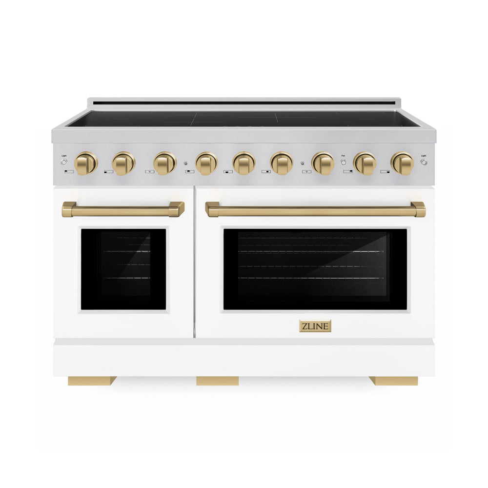 ZLINE Autograph Edition Paramount 48-inch range in stainless steel with white matte door and champagne bronze accents SINRZ-WM-48-CB