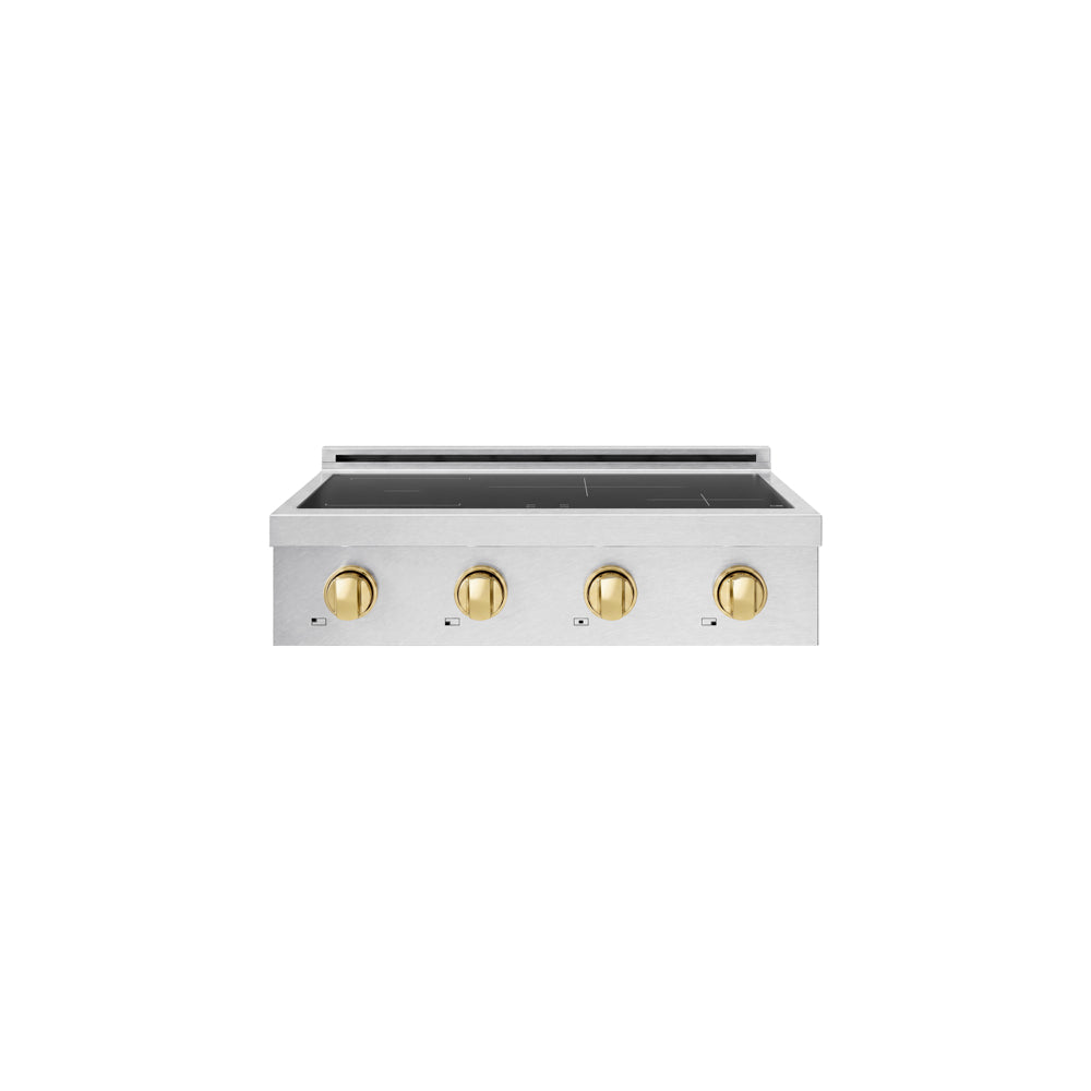 ZLINE Autograph Edition Paramount 30-inch rangetop in satin stainless steel and polished gold accents SINRTSZ-30-G