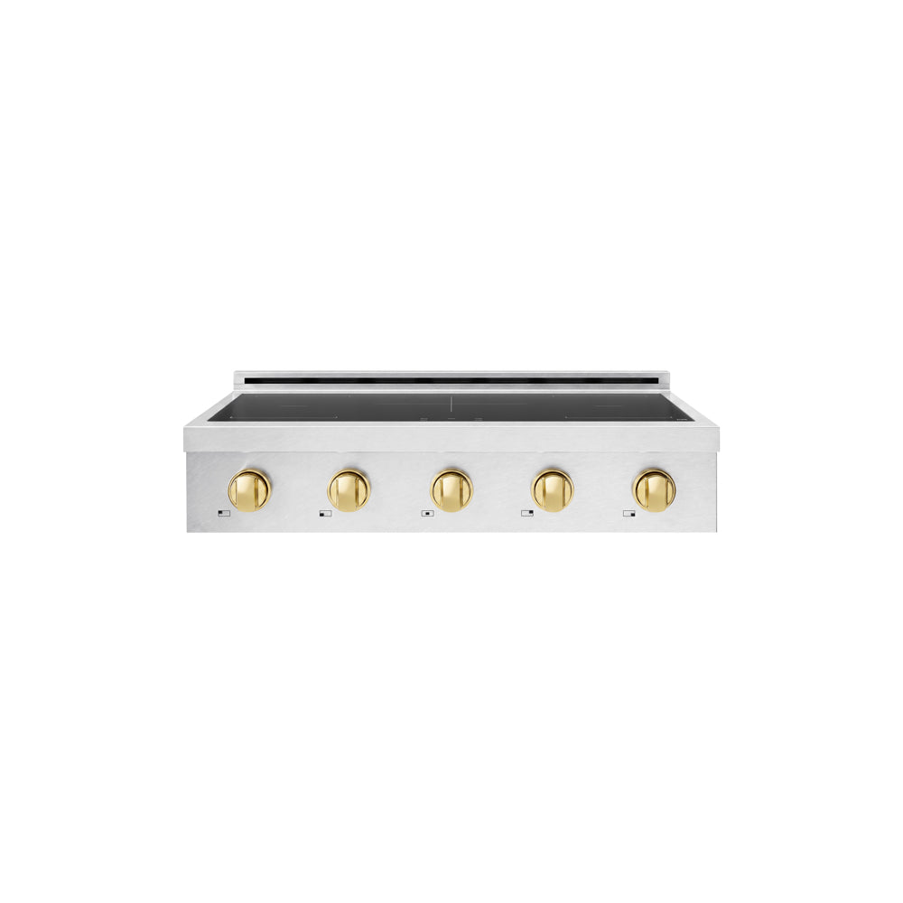 ZLINE Autograph Edition Paramount 36-inch rangetop in satin stainless steel and polished gold accents SINRTSZ-36-G
