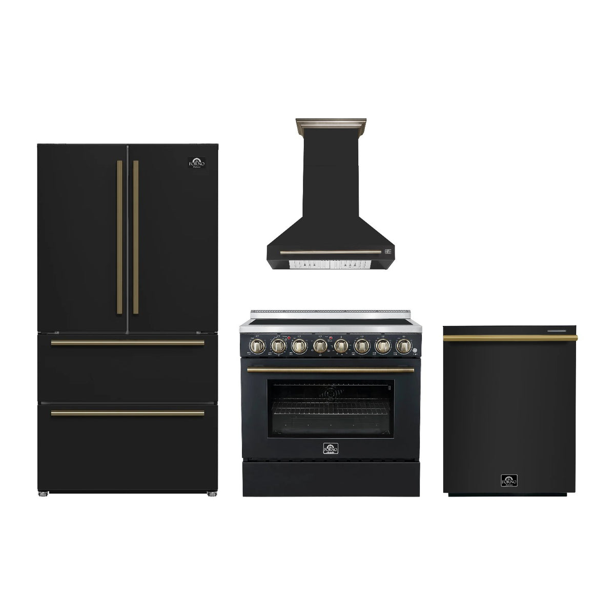 Forno Paolo 36 inch Kitchen Package in Black — Electric Range, Range Hood, Refrigerator & Dishwasher