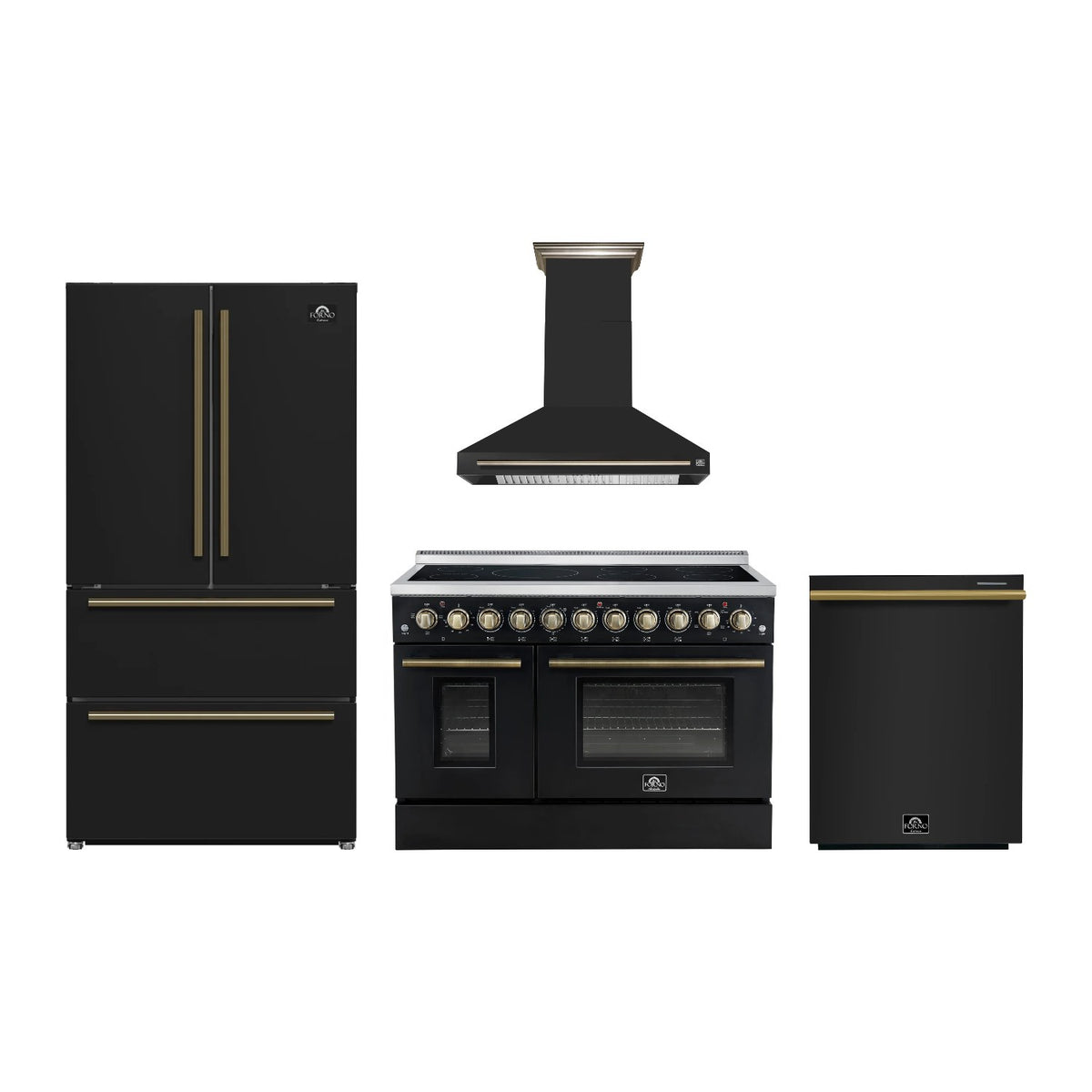 Forno Paolo 48 inch Kitchen Package in Black — Electric Range, Range Hood, Refrigerator & Dishwasher