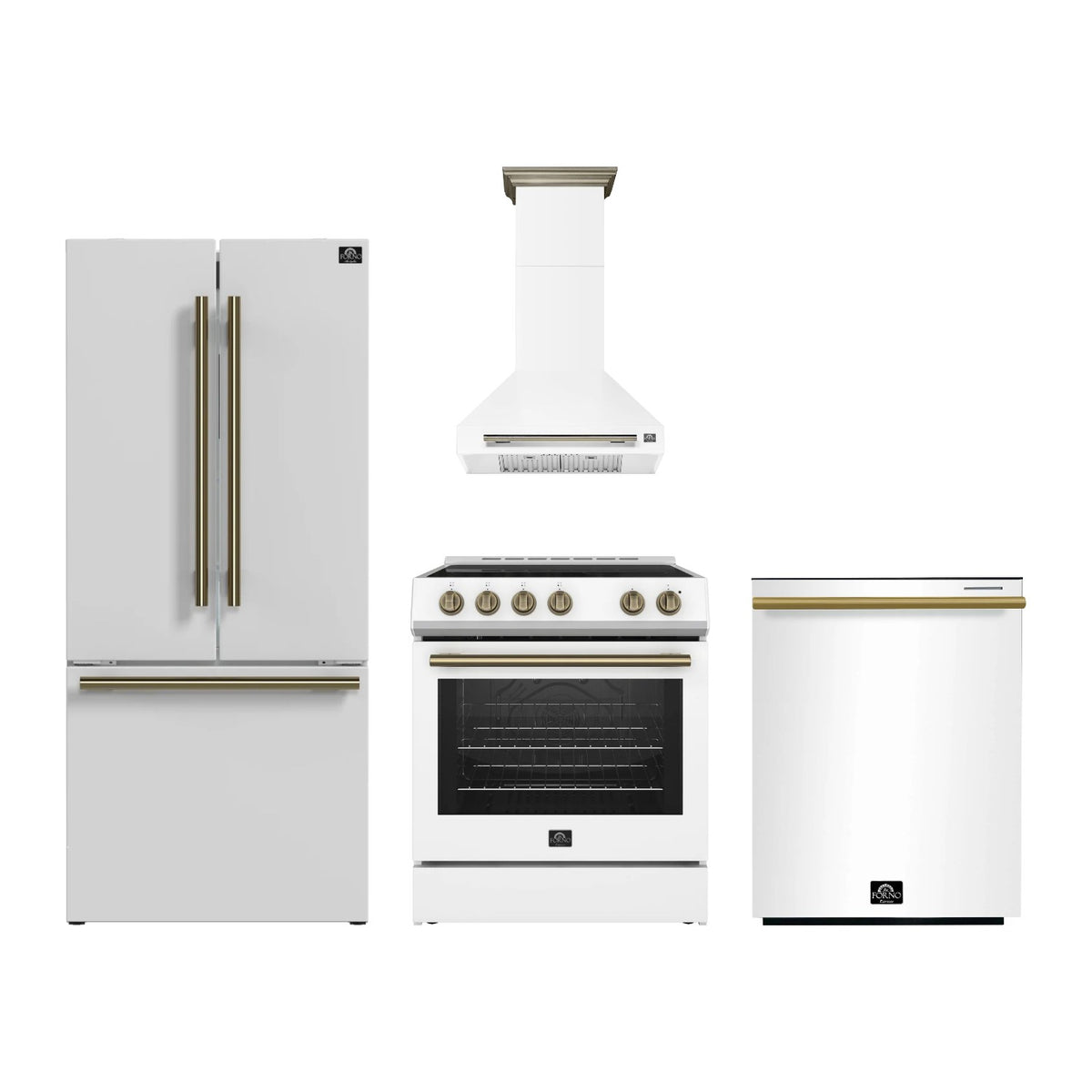 Forno Leonardo 30 inch Kitchen Package in White — Electric Range, Range Hood, Refrigerator & Dishwasher