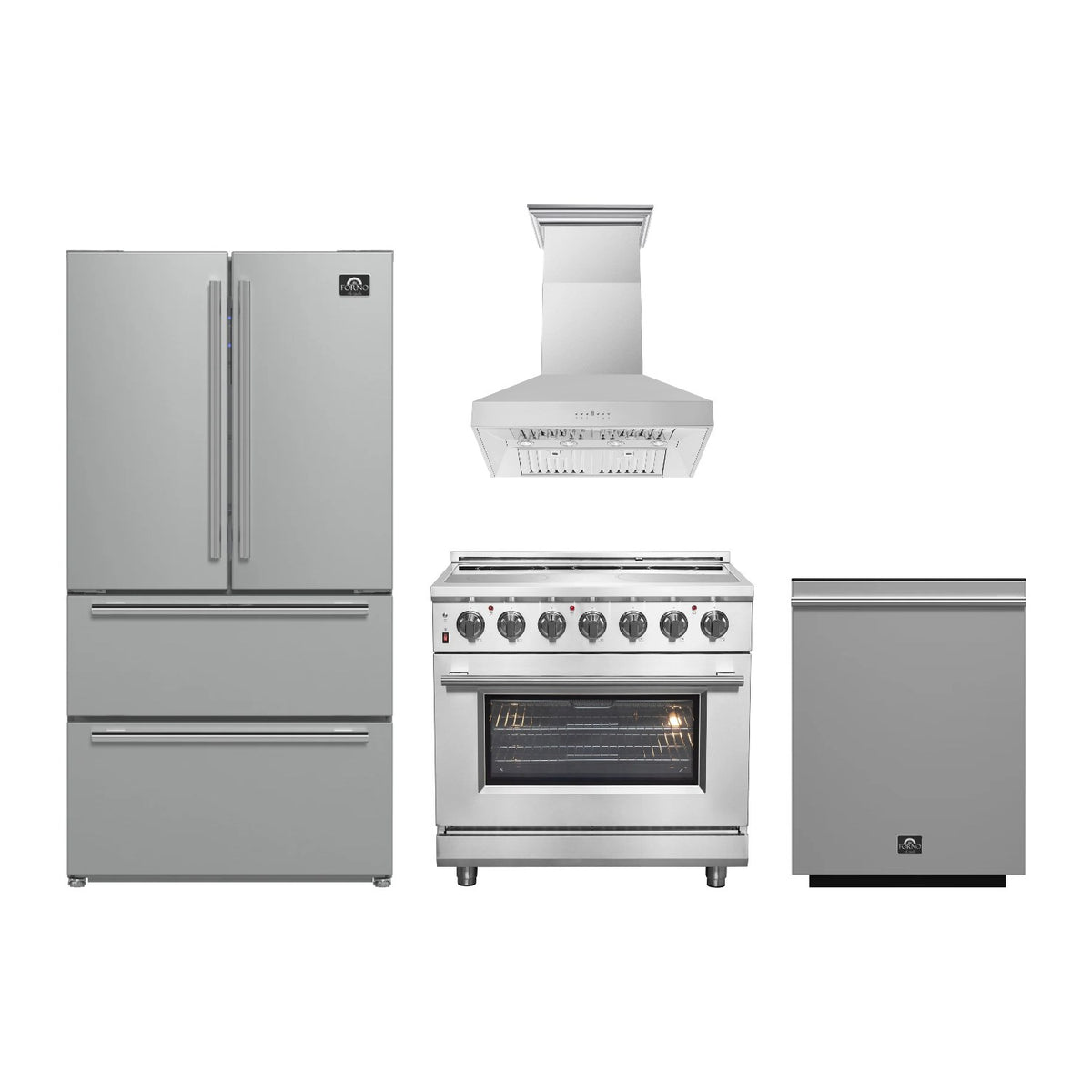 Forno Massimo 36 inch Kitchen Package in Stainless Steel — Electric Range, Range Hood, Refrigerator & Dishwasher