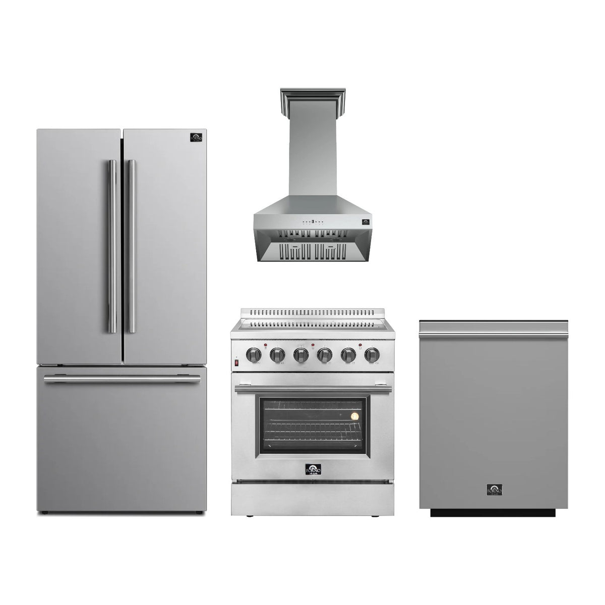 Forno Galiano 30 inch Kitchen Package in Stainless Steel — Electric Range, Range Hood, Refrigerator & Dishwasher