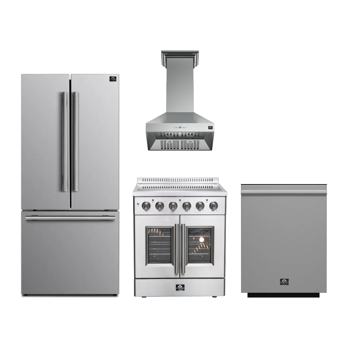 Forno Galiano 30 inch Kitchen Package in Stainless Steel — French Door Electric Range, Range Hood, Refrigerator & Dishwasher