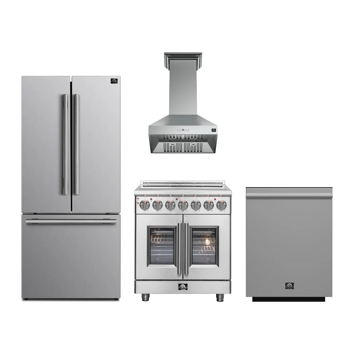 Forno Massimo 30 inch Kitchen Package in Stainless Steel — French Door Electric Range, Range Hood, Refrigerator & Dishwasher