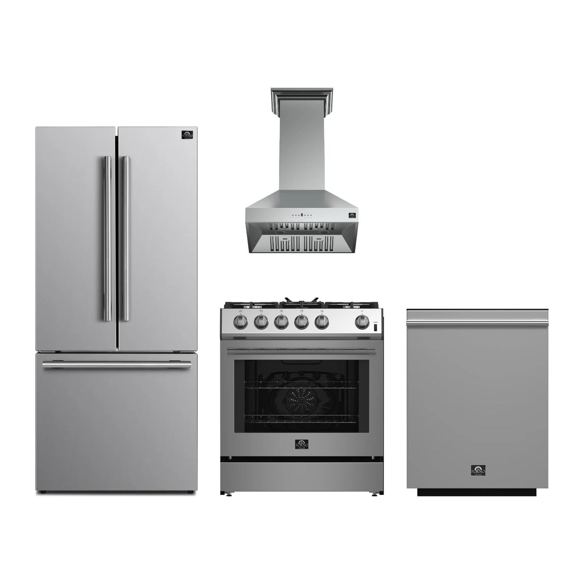 Forno Leonardo 30 inch Kitchen Package in Stainless Steel — Gas Range, Range Hood, Refrigerator & Dishwasher