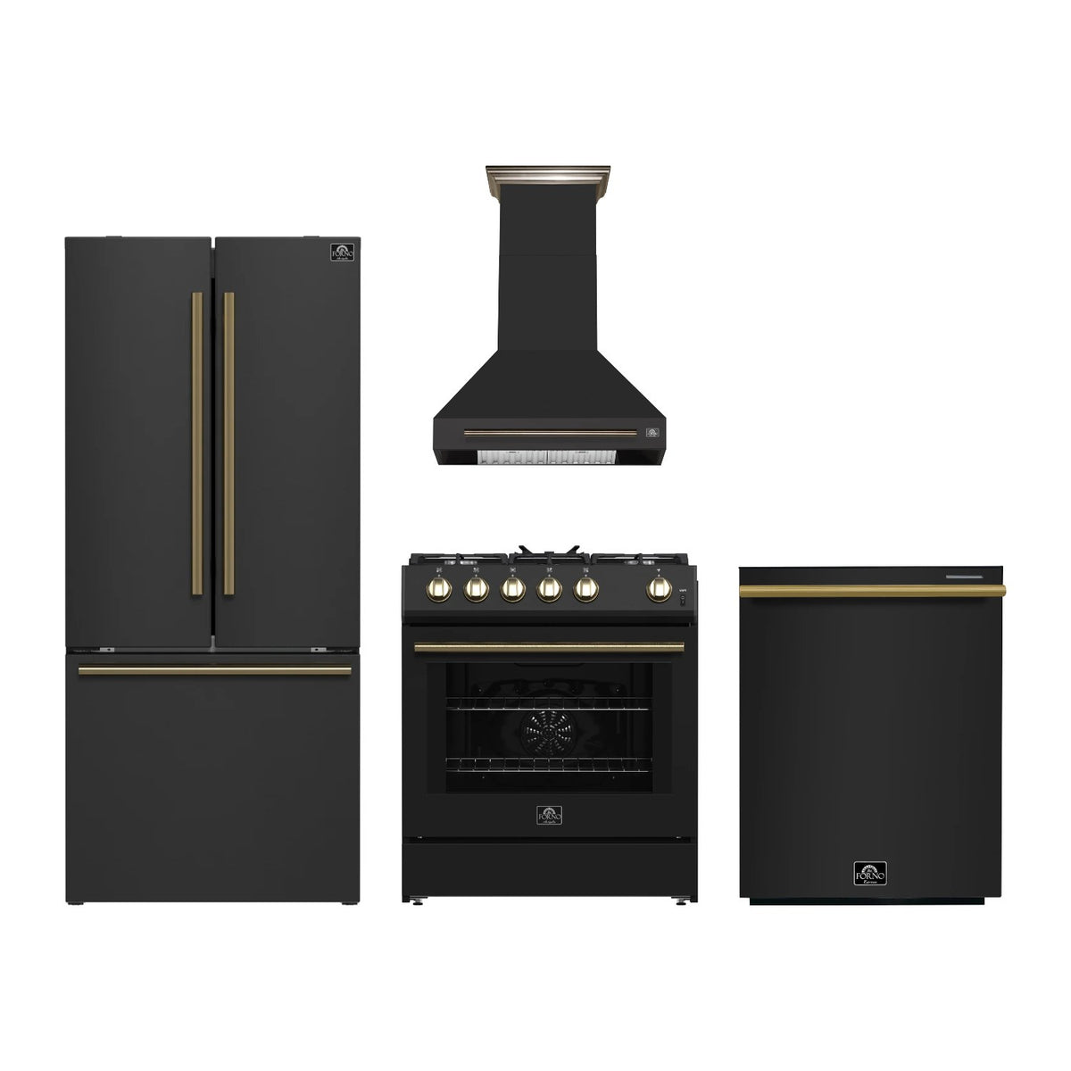 Forno Leonardo 30 inch Kitchen Package in Black — Gas Range, Range Hood, Refrigerator & Dishwasher