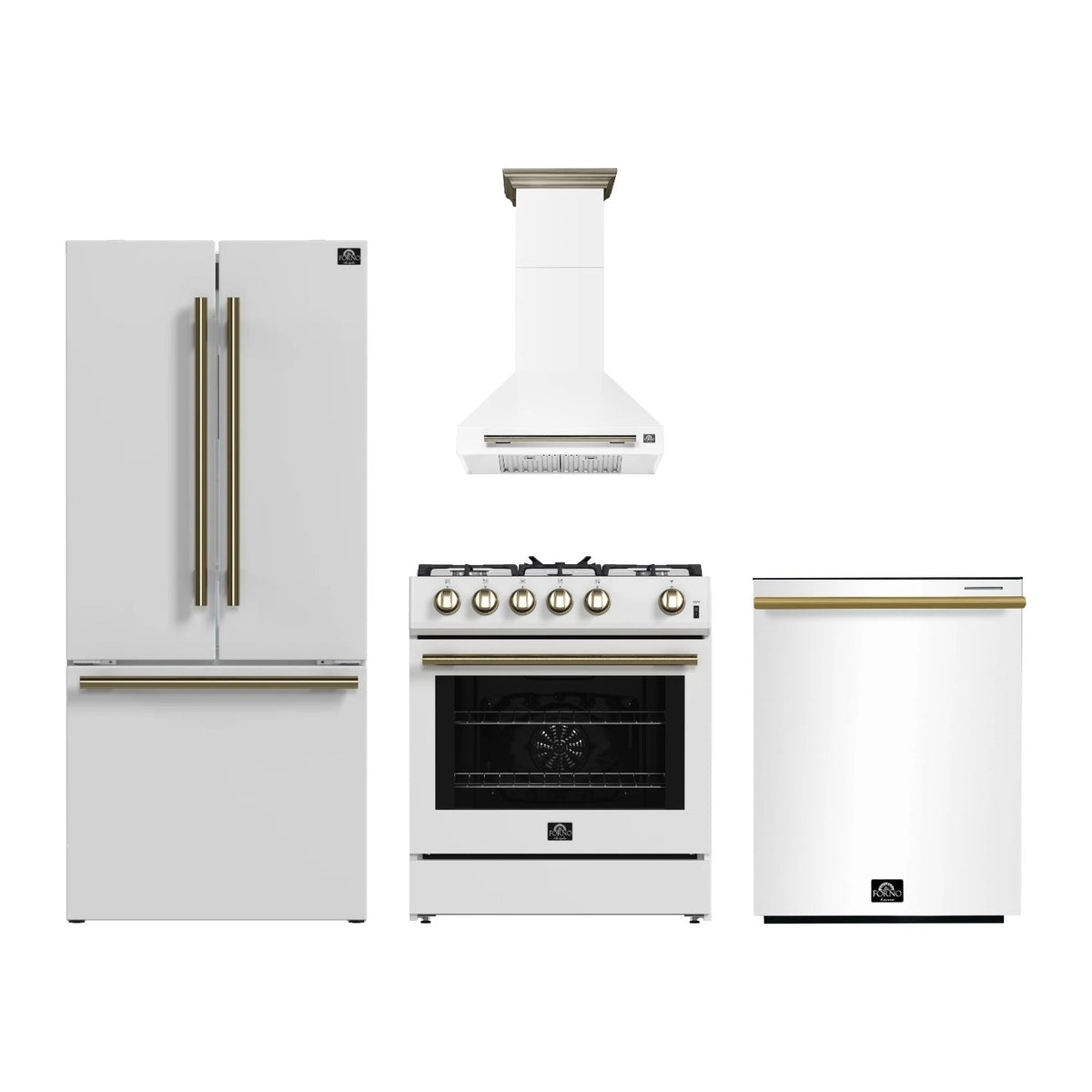 Forno Leonardo 30 inch Kitchen Package in White — Gas Range, Range Hood, Refrigerator & Dishwasher