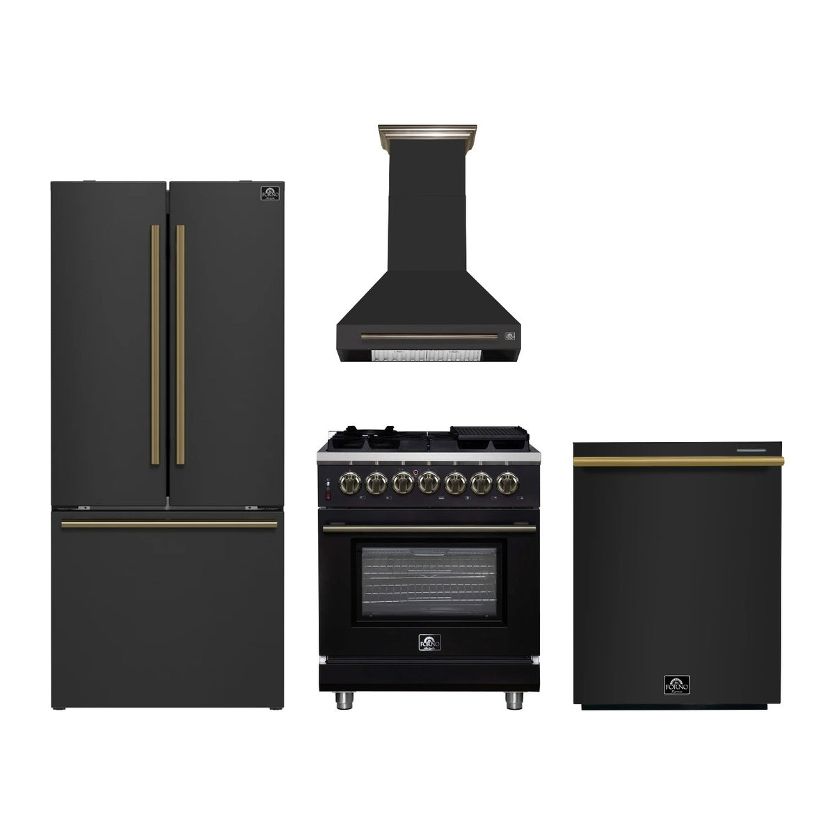 Forno Massimo 30 inch Kitchen Package in Black — Dual Fuel Range, Range Hood, Refrigerator & Dishwasher