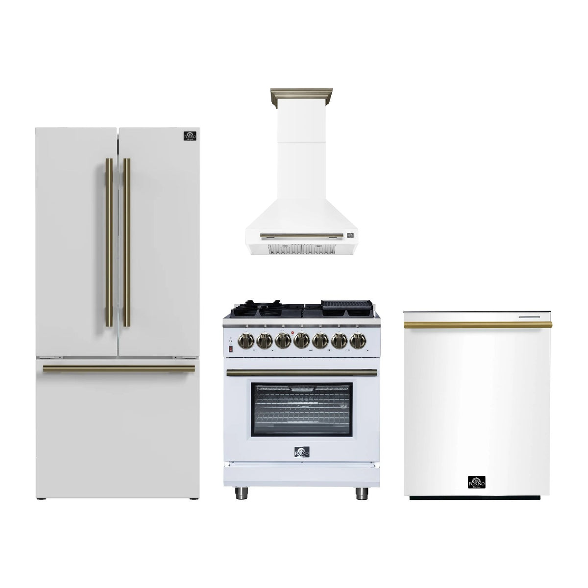 Forno Massimo 30 inch Kitchen Package in White — Dual Fuel Range, Range Hood, Refrigerator & Dishwasher