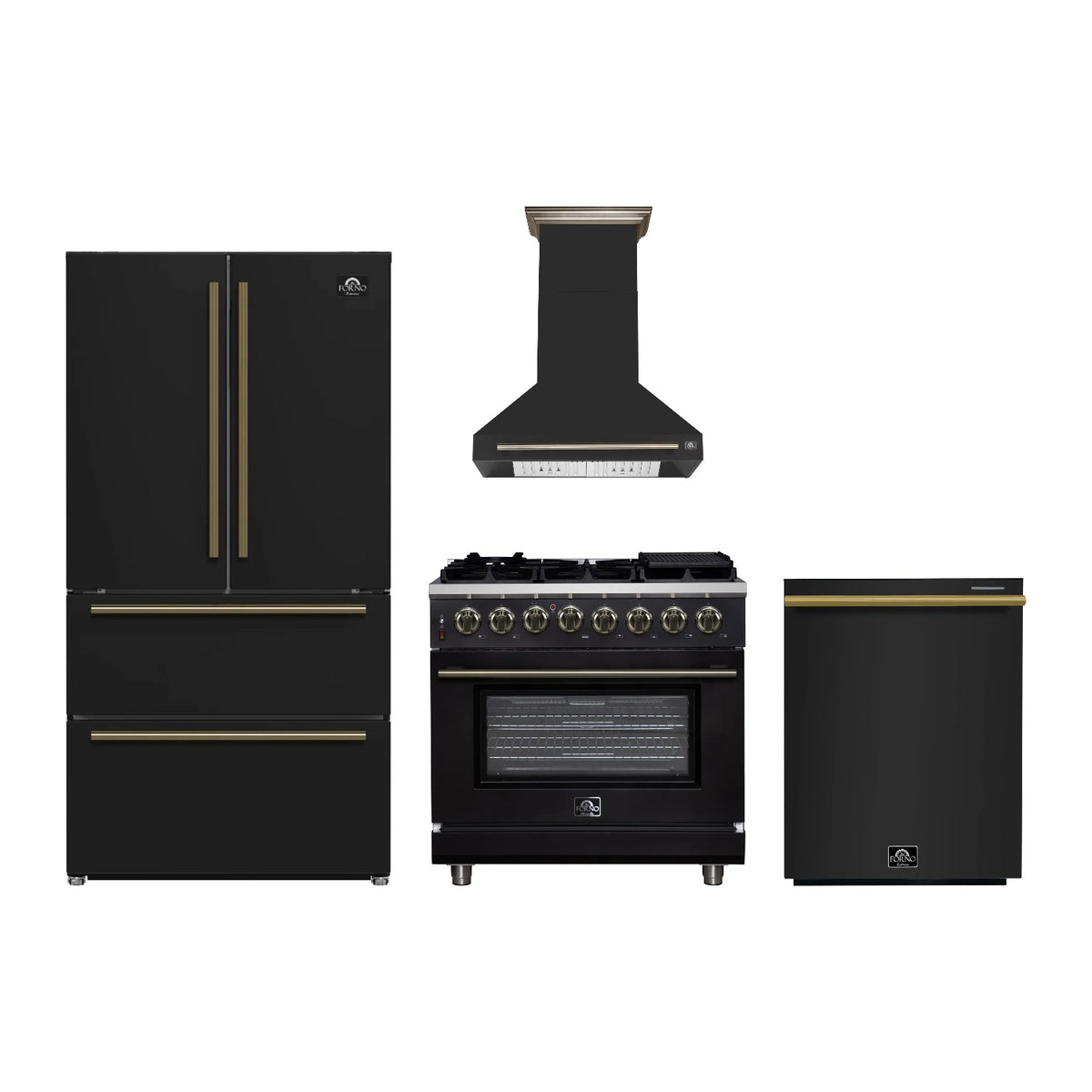 Forno Massimo 36 inch Kitchen Package in Black — Dual Fuel Range, Range Hood, Refrigerator & Dishwasher