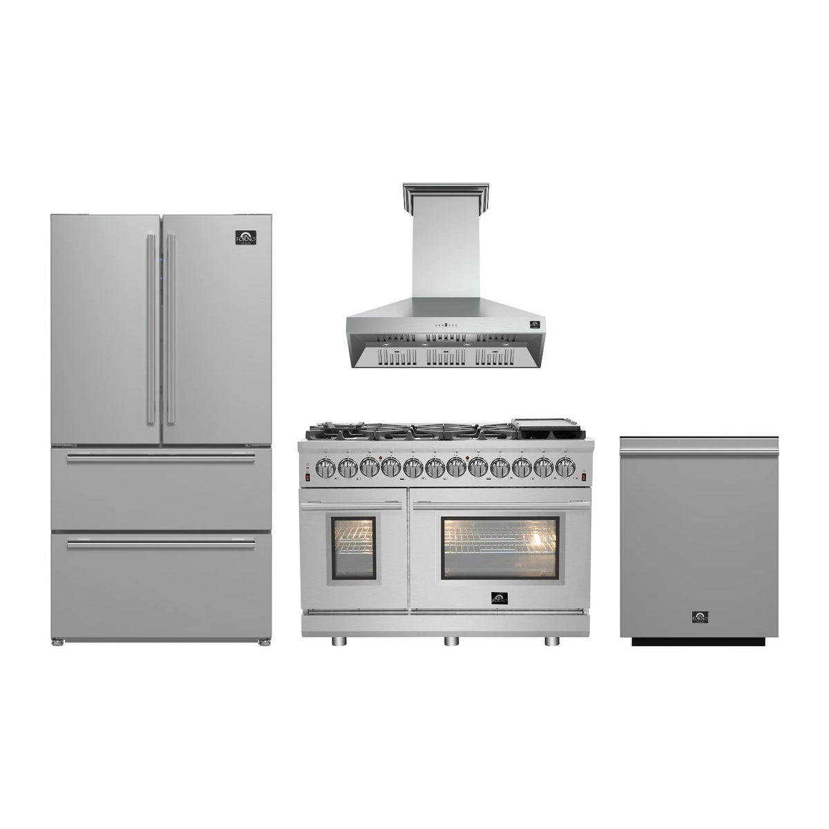 Forno Massimo 48 inch Kitchen Package in Stainless Steel — Dual Fuel Range, Range Hood, Refrigerator & Dishwasher