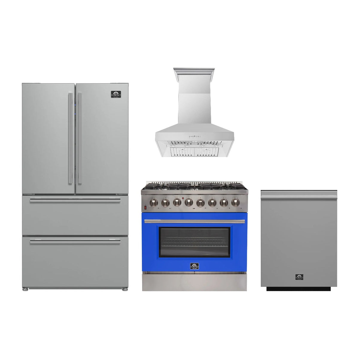 Forno Galiano 36 inch Kitchen Package in Stainless Steel with Blue Door — Dual Fuel Range, Range Hood, Refrigerator & Dishwasher