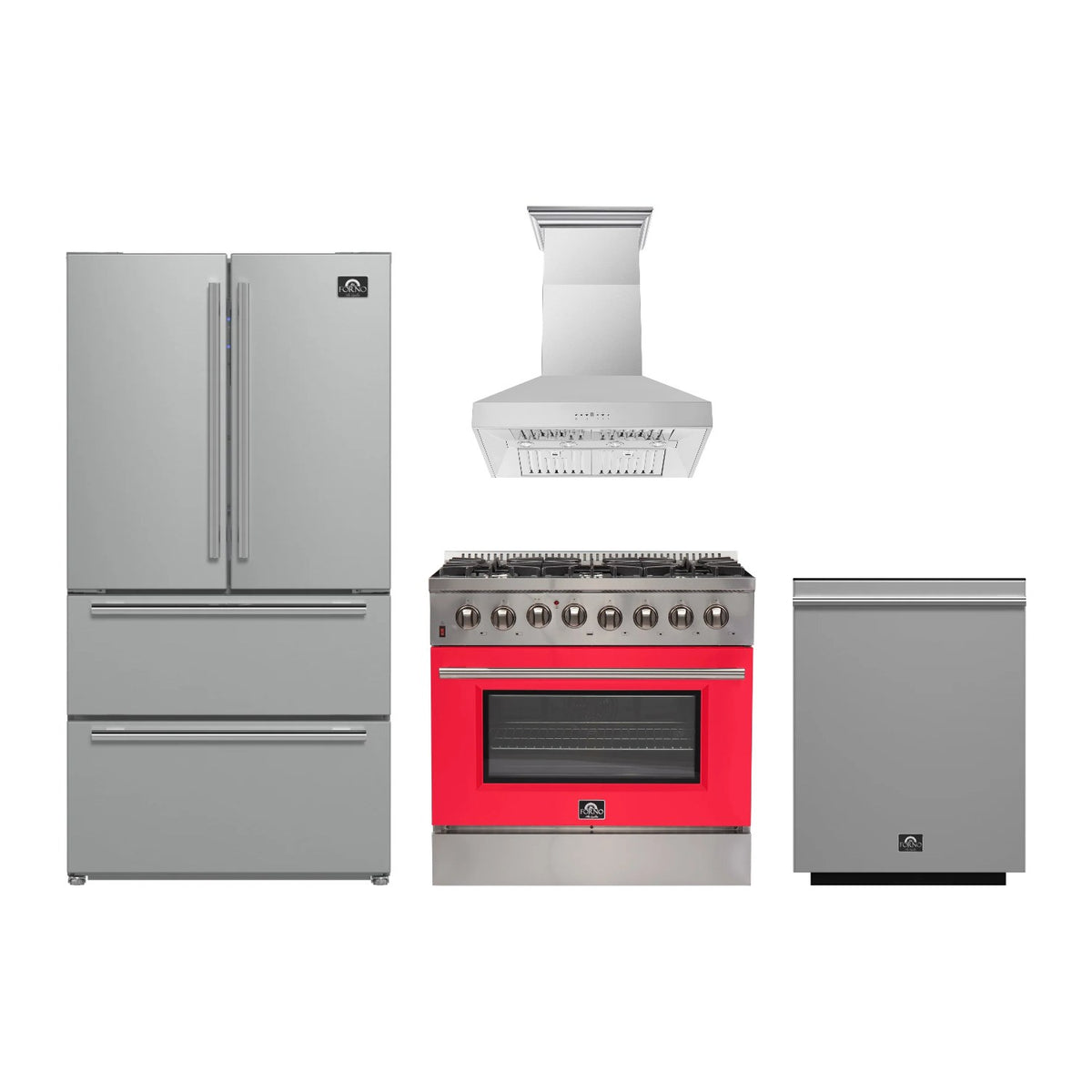 Forno Galiano 36 inch Kitchen Package in Stainless Steel with Red Door — Dual Fuel Range, Range Hood, Refrigerator & Dishwasher