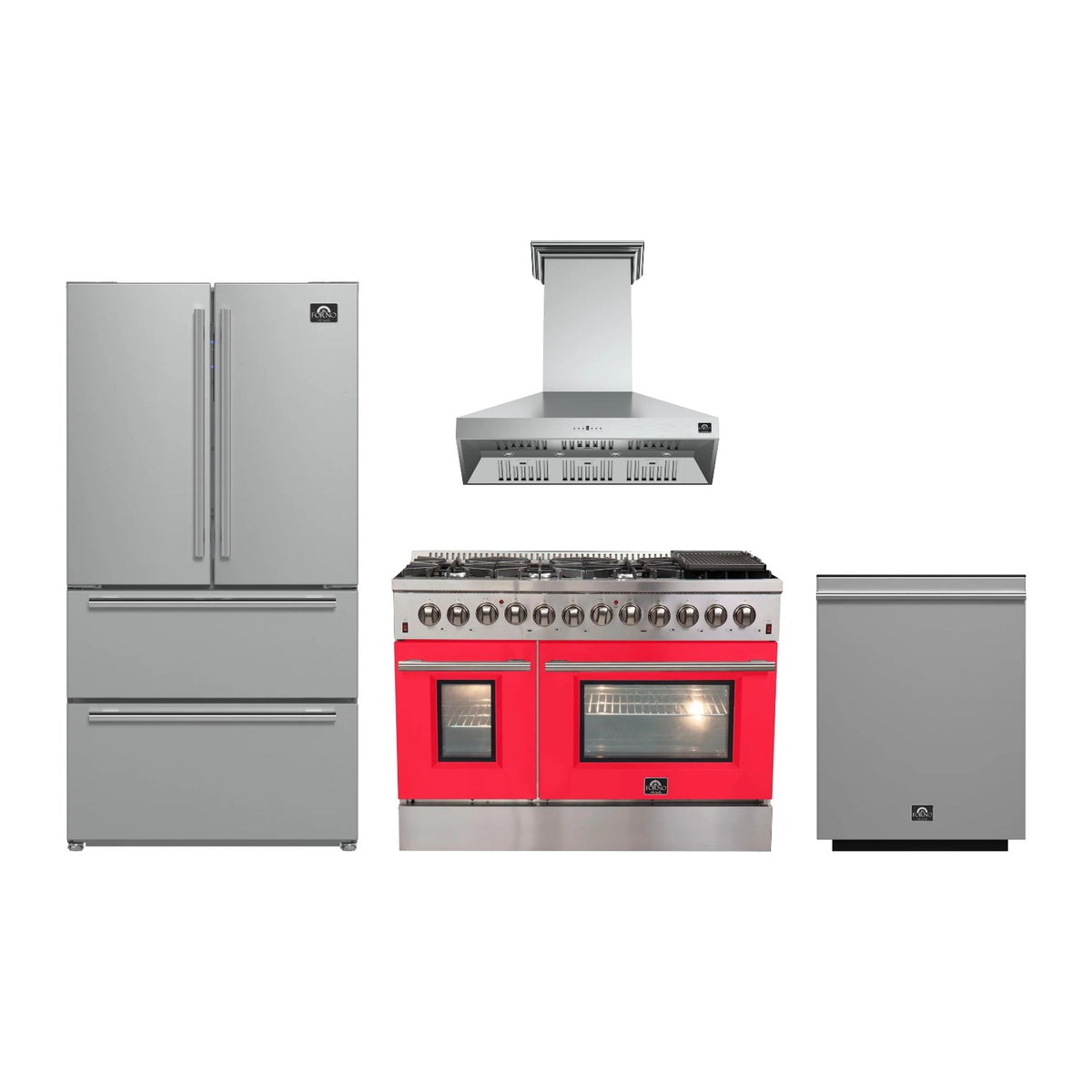 Forno Galiano 48 inch Kitchen Package in Stainless Steel with Red Door — Dual Fuel Range, Range Hood, Refrigerator & Dishwasher