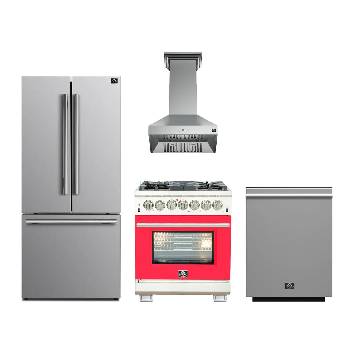 Forno Capriasca 30 inch Kitchen Package in Stainless Steel with Red Door — Dual Fuel Range, Range Hood, Refrigerator & Dishwasher