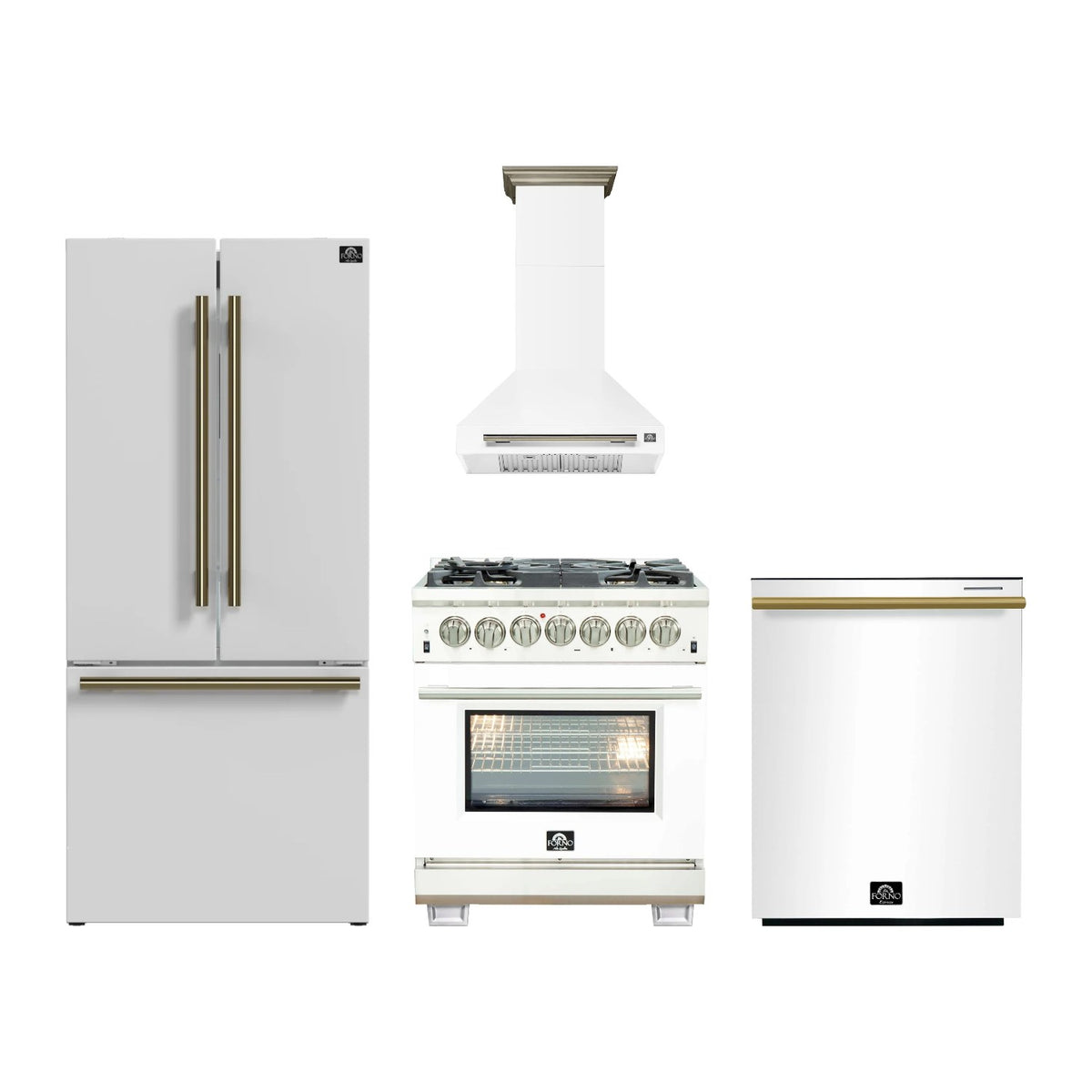 Forno Capriasca 30 inch Kitchen Package in White — Dual Fuel Range, Range Hood, Refrigerator & Dishwasher